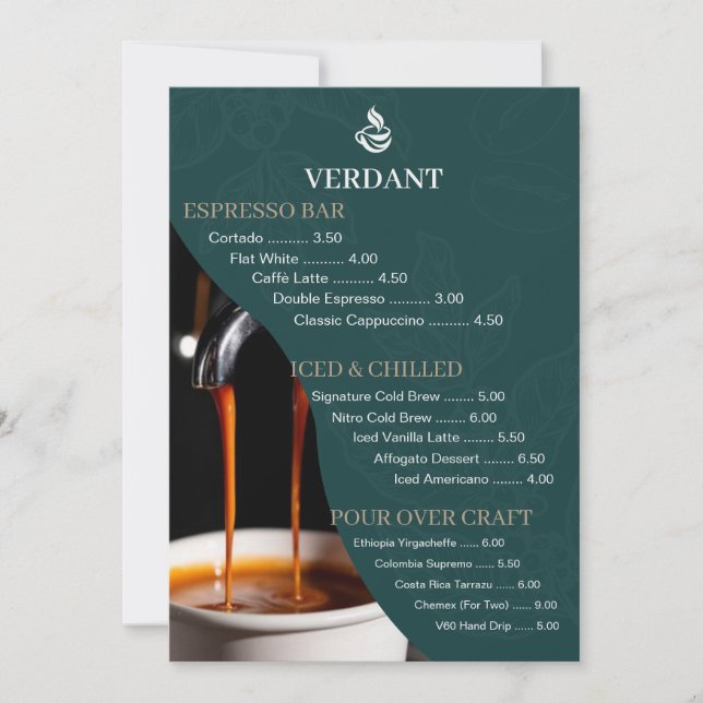 Invitación Elegant Dark Green Specialty Coffee Shop Menu Card (Anverso)