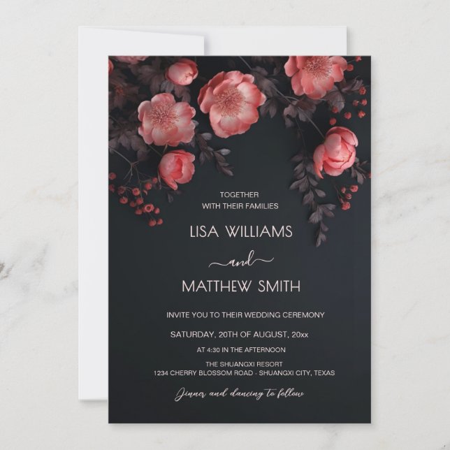 Invitación Elegant Dark Moody 3D Roses Wedding (Anverso)
