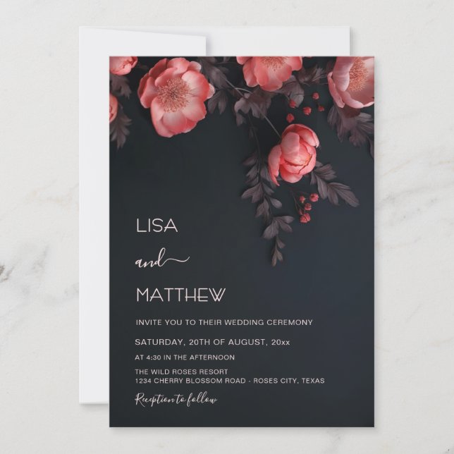 Invitación Elegant Dark Moody 3D Roses Wedding (Anverso)
