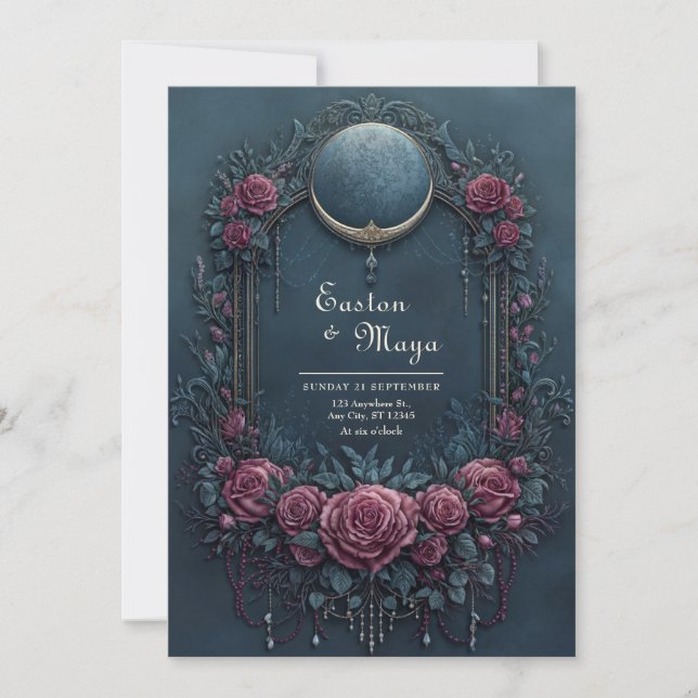 Invitación Elegant Dark Navy Burgundy Floral Evening Wedding (Anverso)