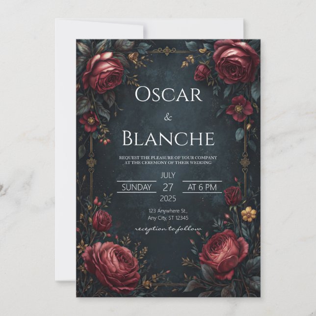Invitación Elegant Dark Navy Burgundy Floral Golden Wedding (Anverso)
