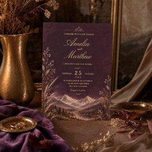 Invitación Elegant Dark Plum Mountain Gold Botanical Otoño
