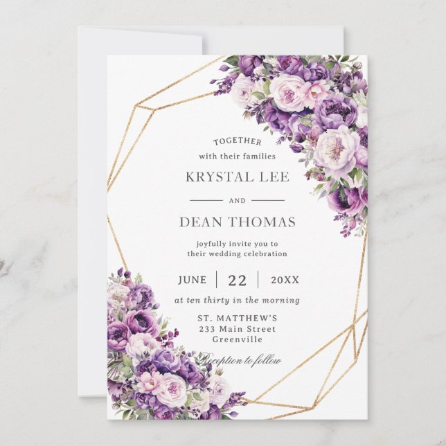 Invitación Elegant Dark Purple and Blush Pink Floral Wedding (Anverso)
