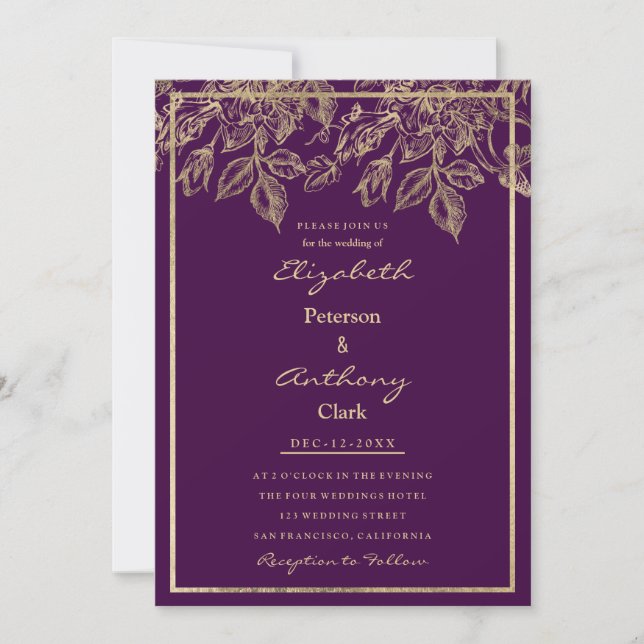 Invitación Elegant dark purple gold luxury floral Wedding (Anverso)
