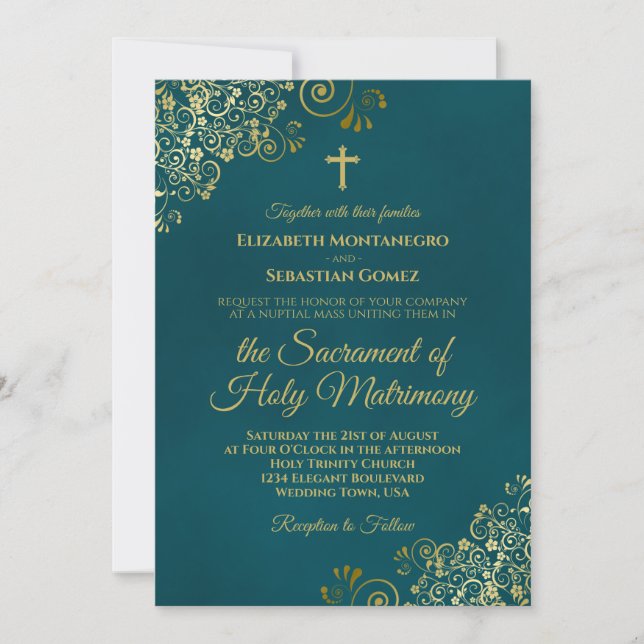 Invitación Elegant Dark Teal & Gold Modern Catholic Wedding (Anverso)