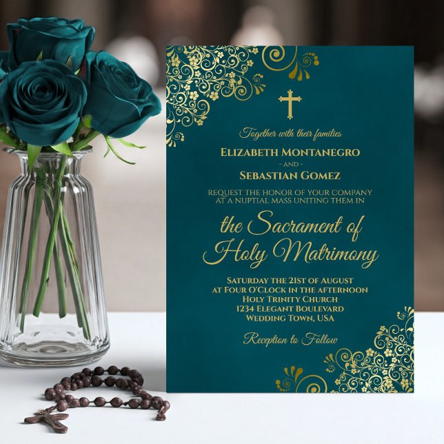 Invitación Elegant Dark Teal & Gold Modern Catholic Wedding (Subido por el creador)