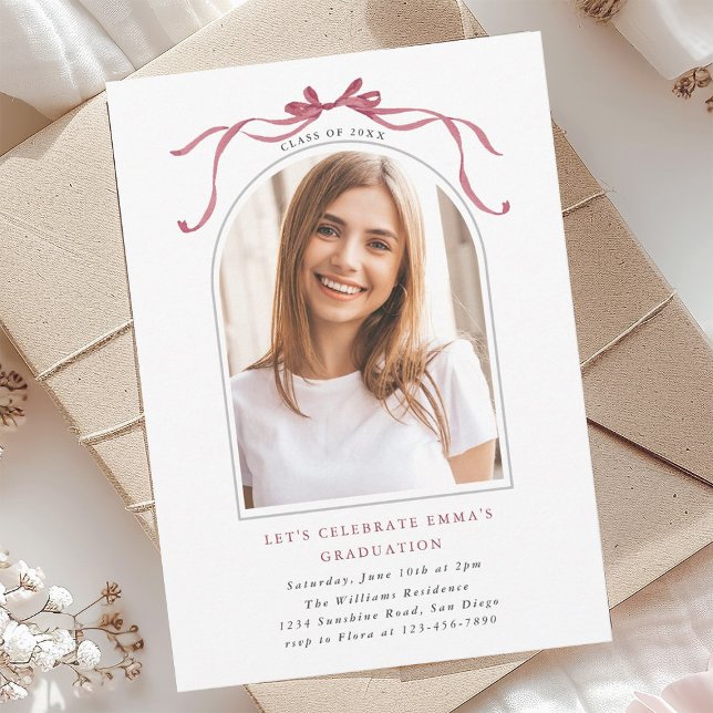 Invitación Elegant Deep Blush Bow Graduation Party Arch Photo (Subido por el creador)