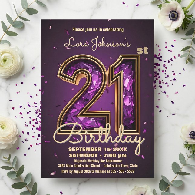 Invitación Elegant Deep Purple Gemstone Gold 21st Birthday (Subido por el creador)