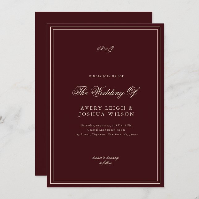 Invitación Elegant Deep Red Monogram Old Money Wedding (Anverso / Reverso)