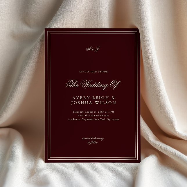 Invitación Elegant Deep Red Monogram Old Money Wedding (Subido por el creador)