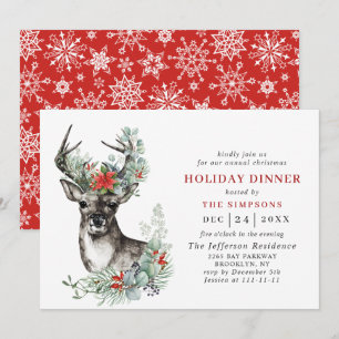 Invitación Elegant Deer Poinsettia CHRISTMAS HOLIDAY DINNER
