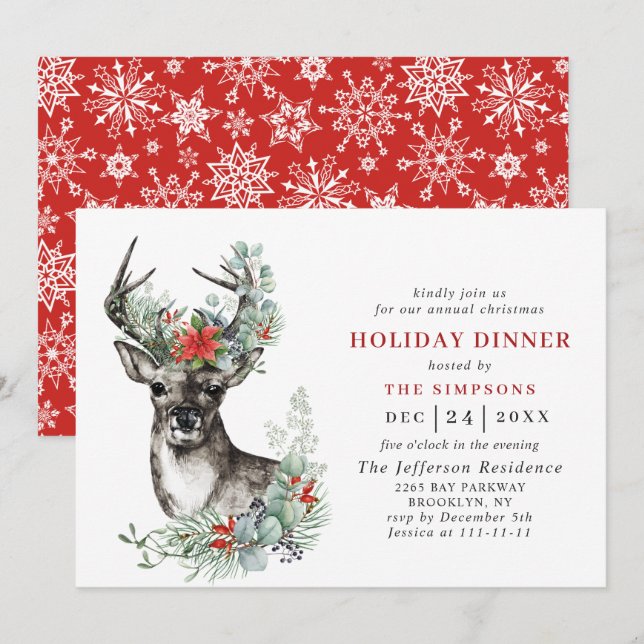 Invitación Elegant Deer Poinsettia CHRISTMAS HOLIDAY DINNER (Anverso / Reverso)