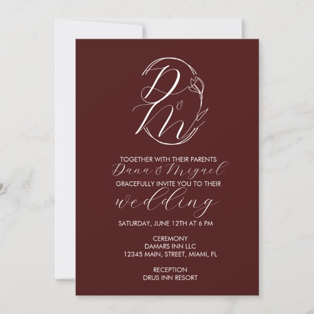 Invitación Elegant Delicate Floral Wedding Logo Deep Burgundy (Anverso)