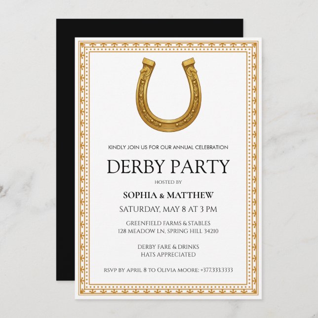 Invitación Elegant Derby Party Invitation with Gold Horseshoe (Anverso / Reverso)
