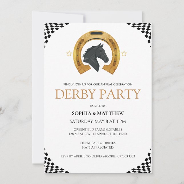 Invitación Elegant Derby Party Invitation with Gold Horseshoe (Anverso)