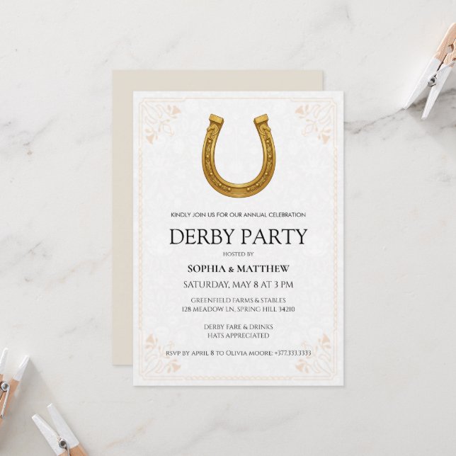 Invitación Elegant Derby Party Invitation with Gold Horseshoe (Anverso/Reverso In Situ)