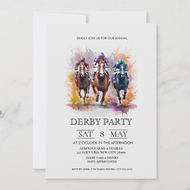 Invitación Elegant Derby Party Invitation with Horse Racing I (Anverso)