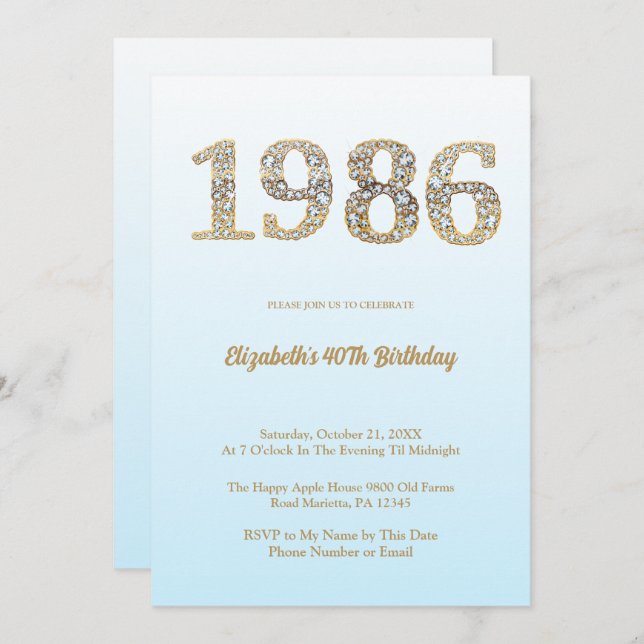 Invitación Elegant Diamond Year 1986 40th Birthday Party (Anverso / Reverso)