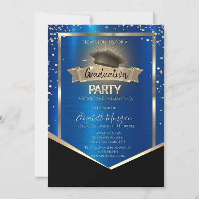Invitación Elegant Diamonds Grad Cap Blue Metallic Graduation (Anverso)