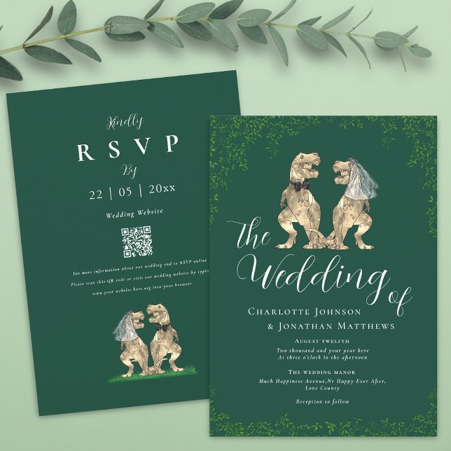 Invitación Elegant Dinosaur Green Wedding QR Code (T-Rex bride and groom funny dinosaur green and white wedding qr code invitation)