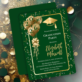 Invitación Elegant Dk Green Gold Balloons Graduation Party