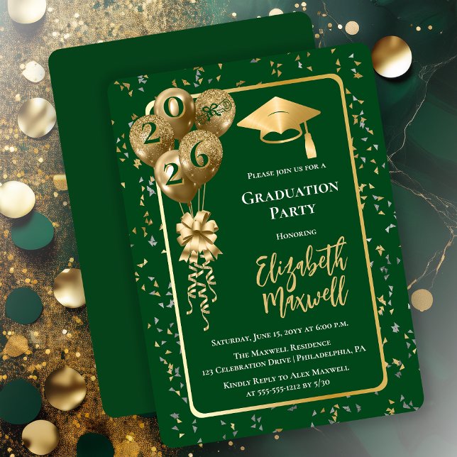 Invitación Elegant Dk Green Gold Balloons Graduation Party (Elegant Dark Green and Gold Tone Graduation Party Invitation Balloons and Confetti - Print | Digital)
