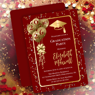 Invitación Elegant Dk Red Gold Balloons Graduation Party