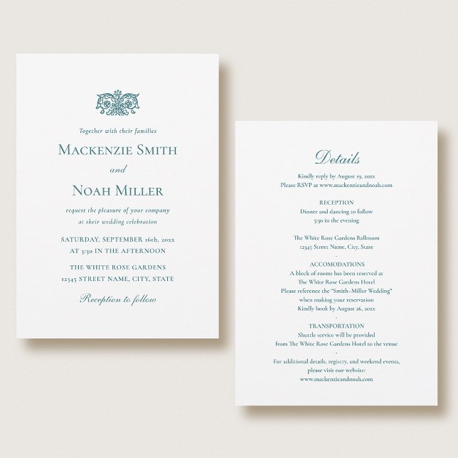 Invitación Elegant Double-sided Wedding Invitation Teal (Subido por el creador)