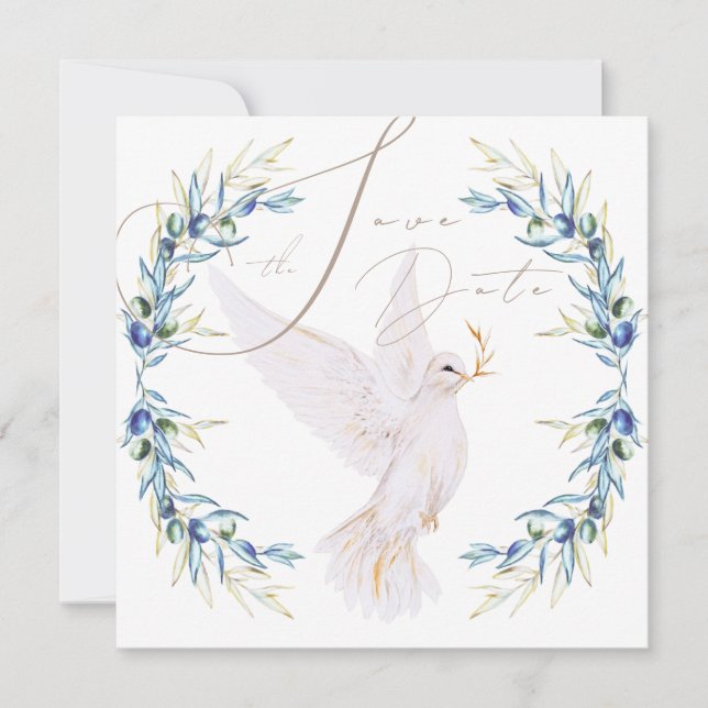 Invitación Elegant Dove & Olive Leaves Wedding Save the Date (Anverso)