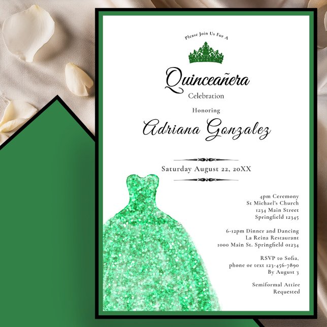 Invitación Elegant dress 15th Birthday green Quinceanera (Subido por el creador)