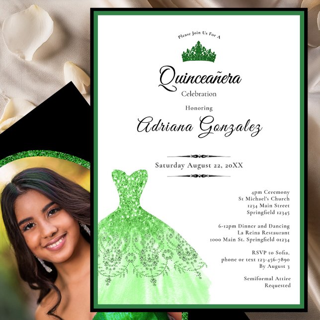 Invitación Elegant dress 15th Birthday green Quinceanera (Subido por el creador)