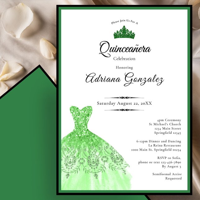 Invitación Elegant dress 15th Birthday green Quinceanera (Subido por el creador)
