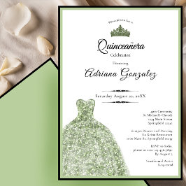 Invitación Elegant dress 15th birthday sage green Quinceanera