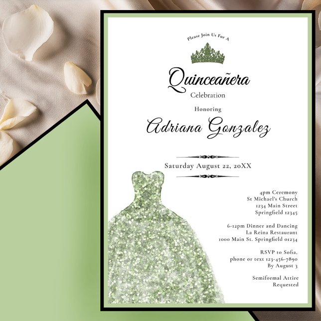 Invitación Elegant dress 15th birthday sage green Quinceanera (Subido por el creador)