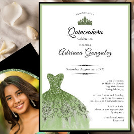 Invitación Elegant dress 15th birthday sage green Quinceanera