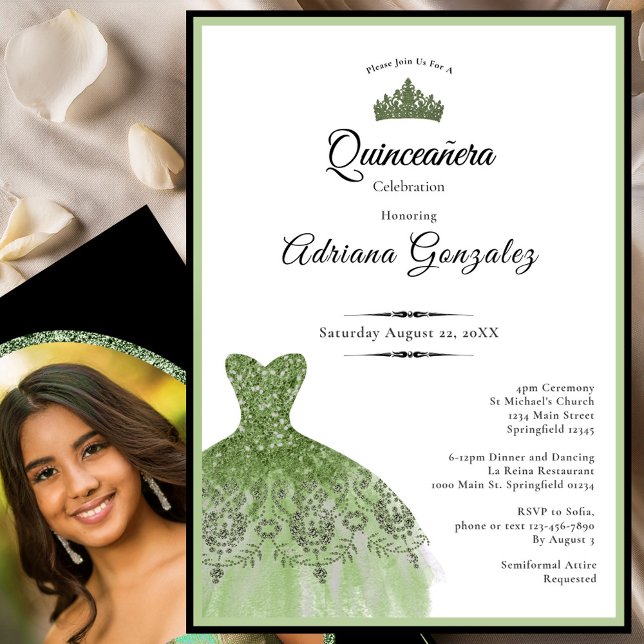 Invitación Elegant dress 15th birthday sage green Quinceanera (Subido por el creador)