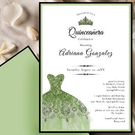 Invitación Elegant dress 15th birthday sage green Quinceanera
