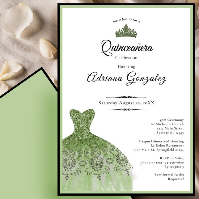 Invitación Elegant dress 15th birthday sage green Quinceanera (Subido por el creador)