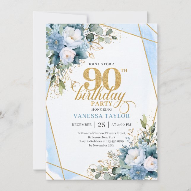Invitación Elegant Dusty Blue 90th Birthday Floral Script  (Anverso)