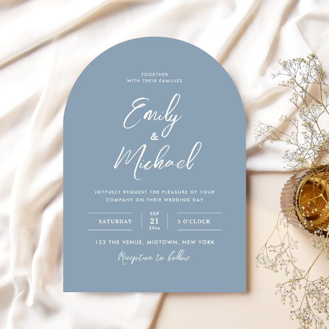 Invitación Elegant Dusty Blue Arch Calligraphy Script Wedding (Elegant white calligraphy script on a beautiful arched dusty blue background - a timeless classic)
