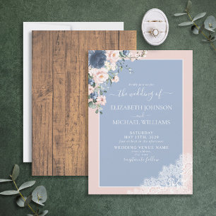 Invitación Elegant Dusty Blue Blush Rustic Wood Lace Wedding