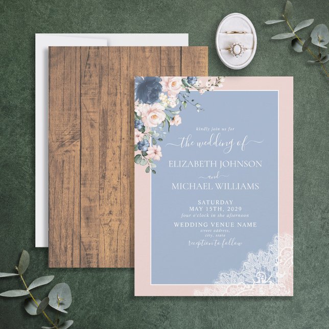 Invitación Elegant Dusty Blue Blush Rustic Wood Lace Wedding (Subido por el creador)