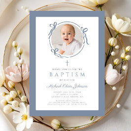 Invitación Elegant Dusty Blue Bow Photo Baptism