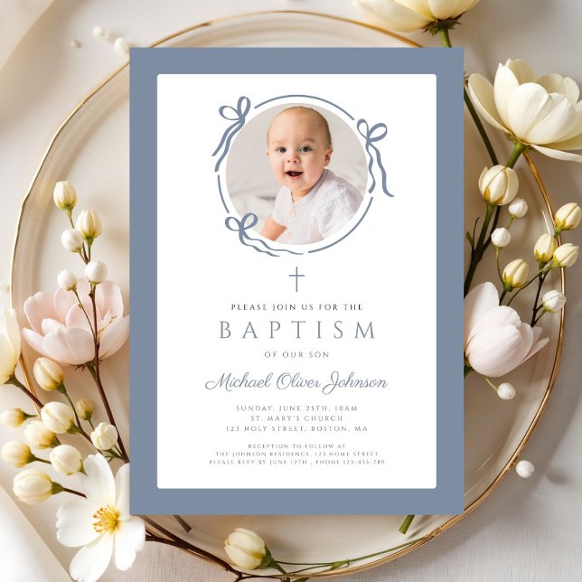 Invitación Elegant Dusty Blue Bow Photo Baptism (Elegant Dusty Blue Bow Photo Baptism Invitation)
