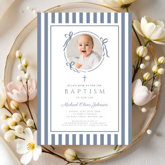 Invitación Elegant Dusty Blue Bow Photo Boy Baptism
