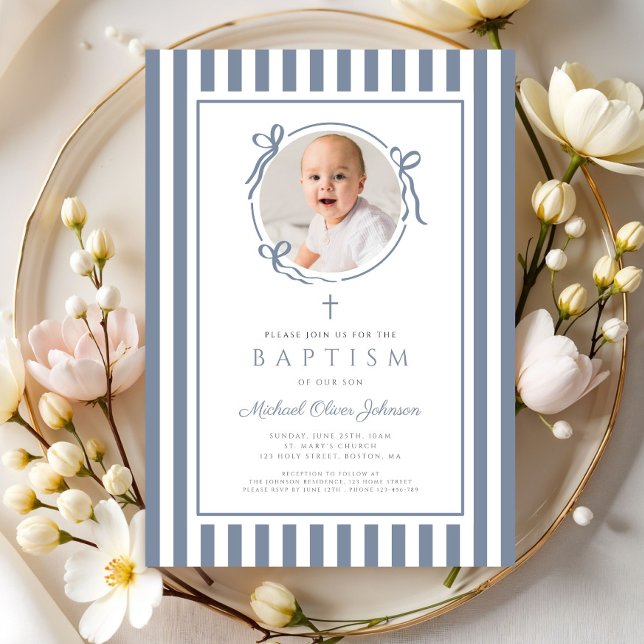 Invitación Elegant Dusty Blue Bow Photo Boy Baptism (Elegant Dusty Blue Bow Photo Boy Baptism Invitation)