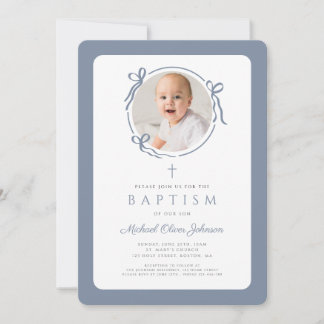 Invitación Elegant Dusty Blue Bow Photo Boy Baptism