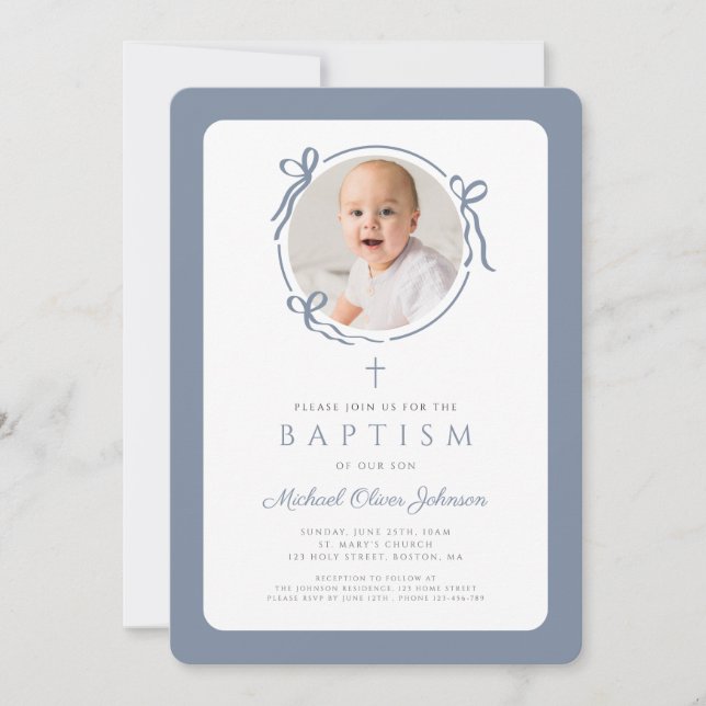 Invitación Elegant Dusty Blue Bow Photo Boy Baptism (Anverso)