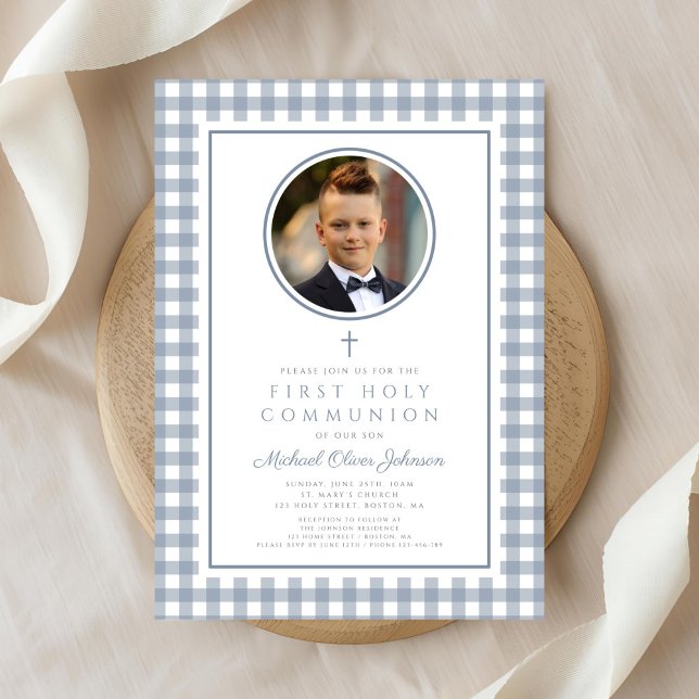 Invitación Elegant Dusty Blue Bow Photo Boy First Communion (Elegant Dusty Blue Bow Photo Boy First Communion Invitation)