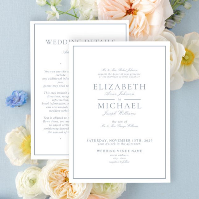 Invitación Elegant Dusty Blue Classic Script Details Wedding (Subido por el creador)